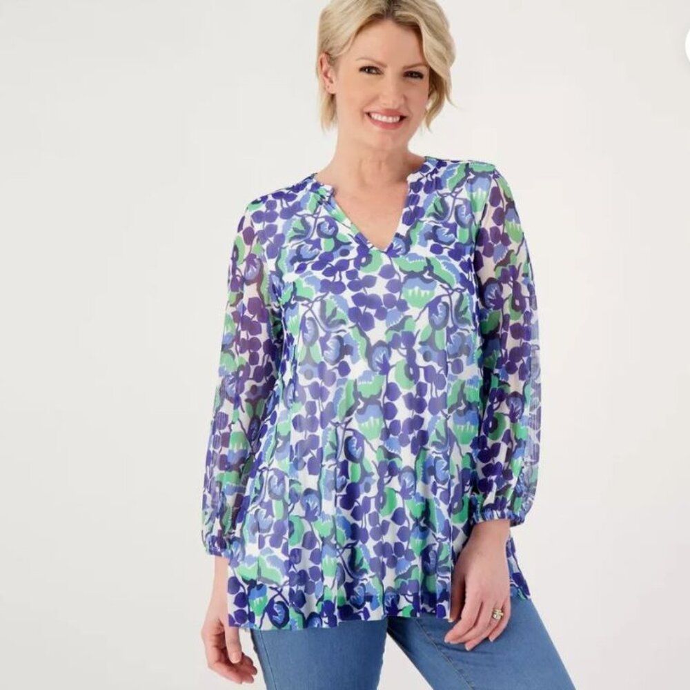 Girl With Curves Y-Neck Knit Mesh Blouse-Blue Floral-XL